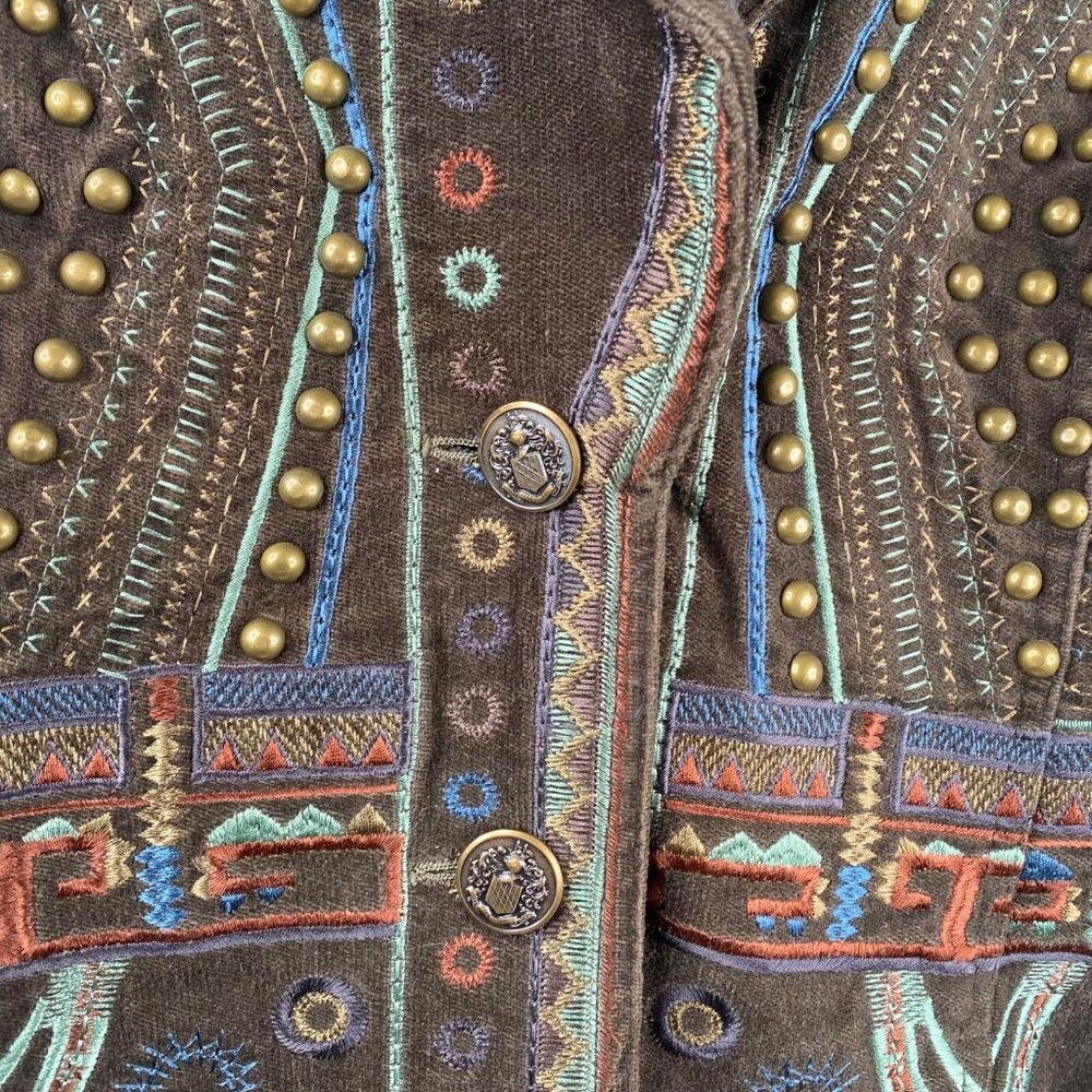 Pamela McCoy Coat Women's Brown Sz M Embroidered Studded Boho Ecletic Mid Length - Picture 7 of 16